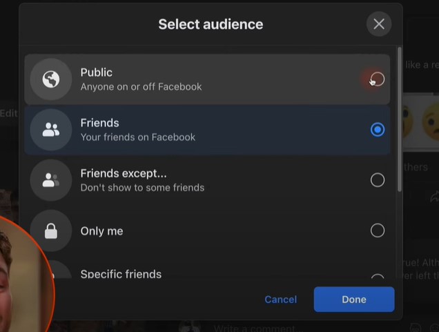 Select Audience: Public, Friends, Friends except..