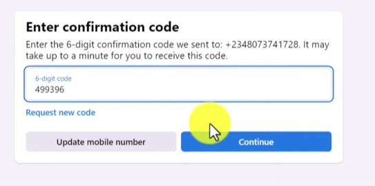 Enter the 6-digit confirmation code sent by Message (SMS) to your mobile phone