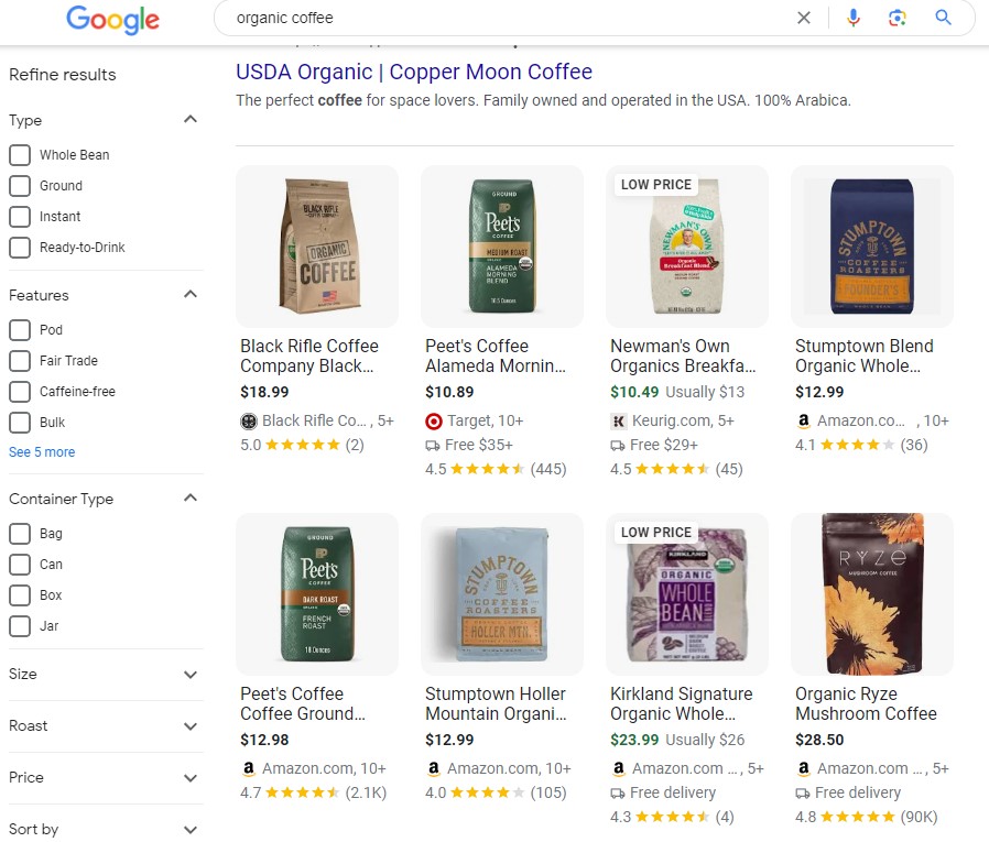 Google shopping Organic Coffee